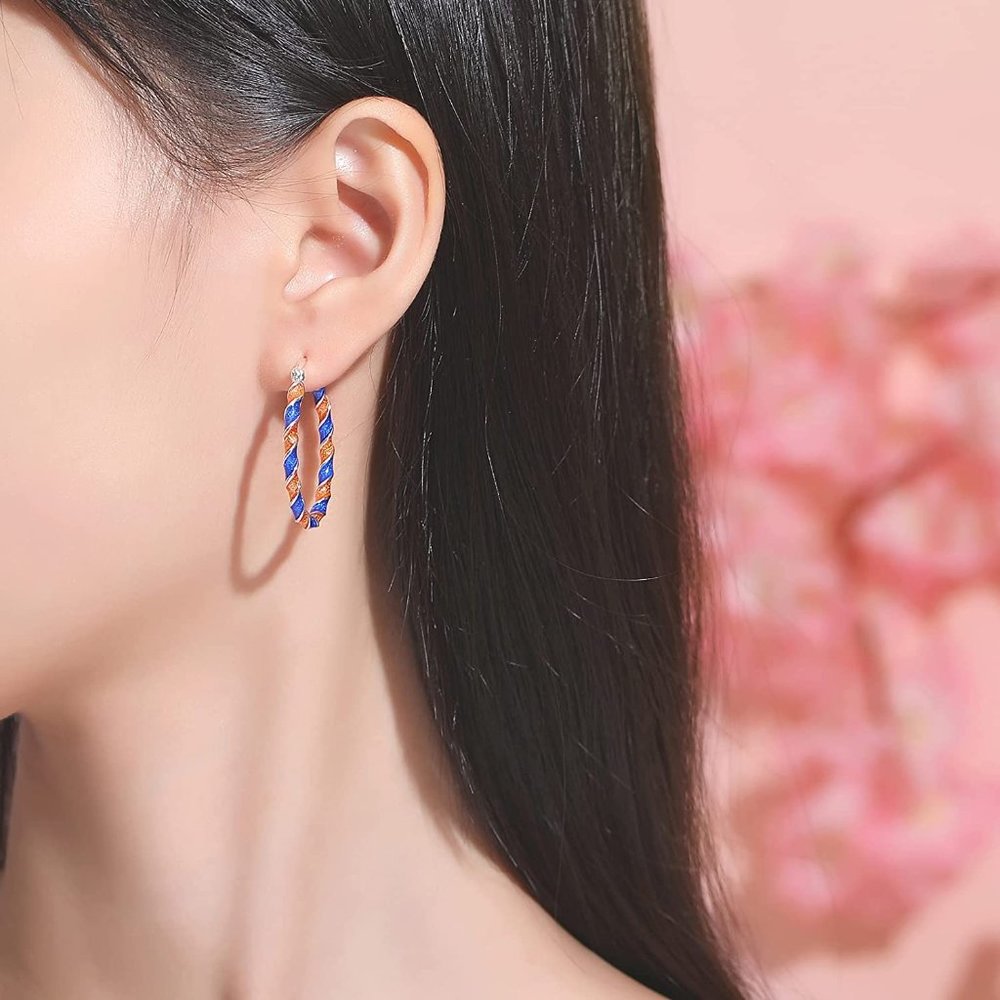 Enamel Hoop Earrings, Silver Plated Twist Oval Hoop Earrings For Women Fashion - Picture 4 of 6